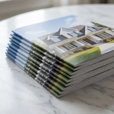 Pile de brochures promotionnelles pour maisons posée sur une surface en marbre blanc et gris, vue de dessus.