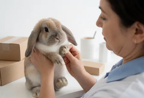 Une femme examine un lapin aux oreilles tombantes sur une table blanche avec des cartons et des tasses en arrière-plan.