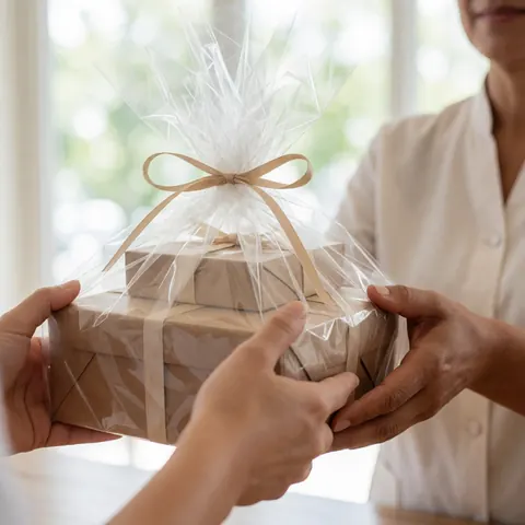 Deux personnes échangent un panier cadeau enveloppé de papier kraft et de plastique transparent avec un nœud en corde naturelle.