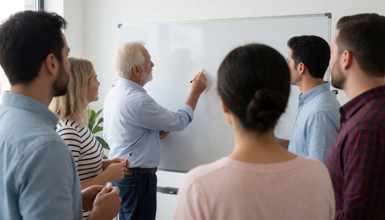 Groupe de professionnels lors d'une réunion, regardant un homme écrire sur un tableau blanc dans un bureau.