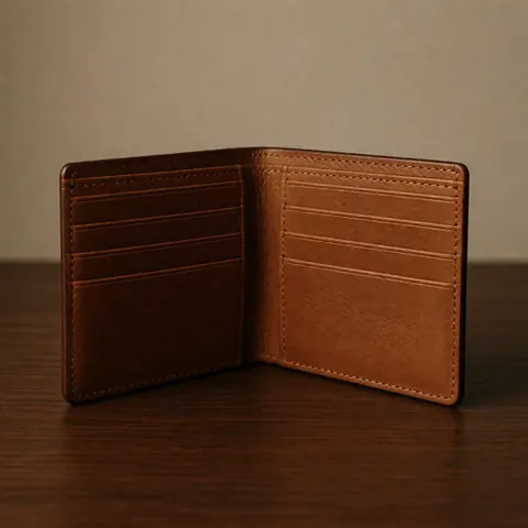 Un portefeuille en cuir marron ouvert sur une table en bois, révélant ses compartiments pour cartes de crédit et billets.