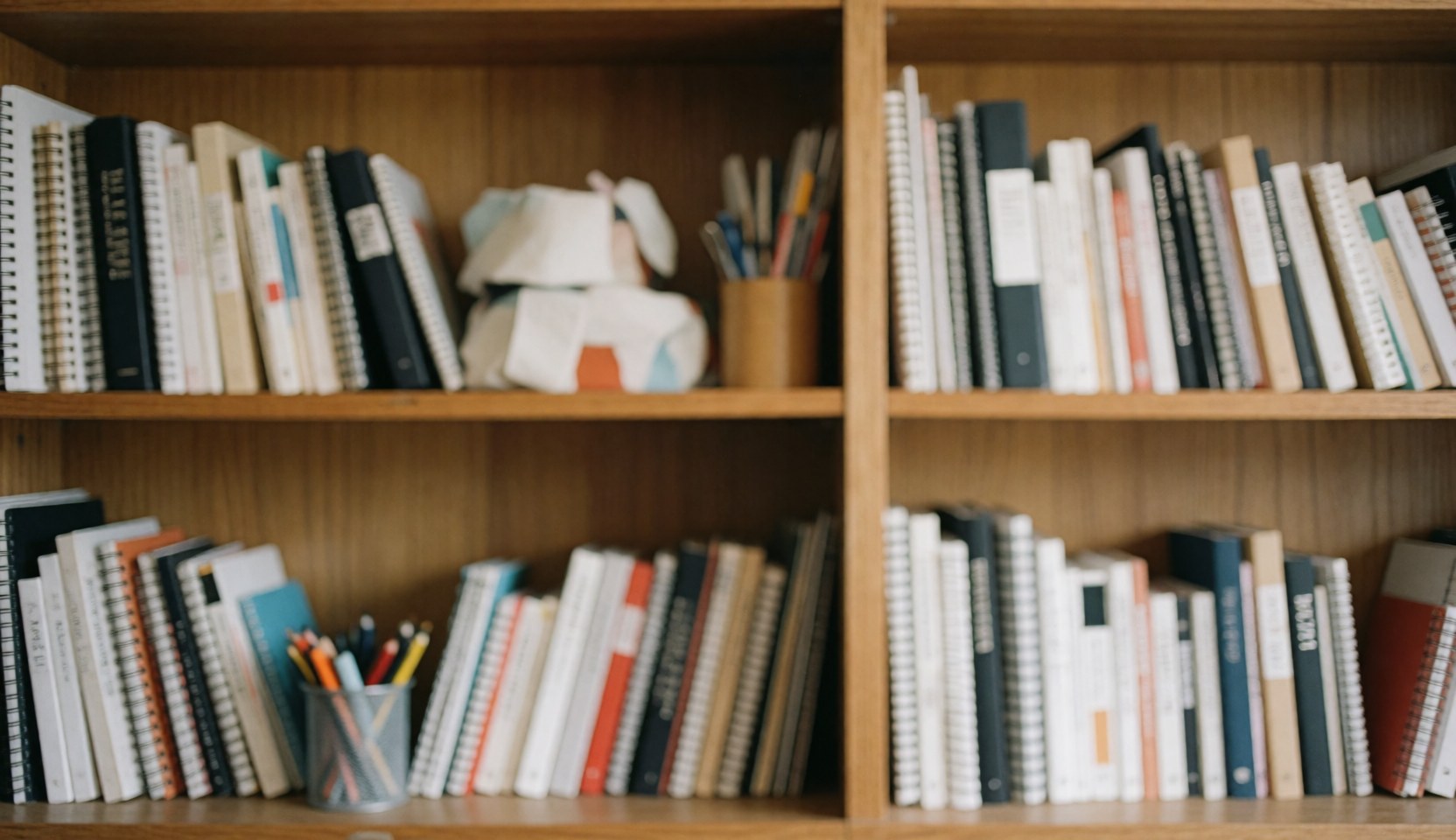 Étagère en bois contenant des cahiers, des livres et des fournitures de bureau dans un espace de travail organisé.