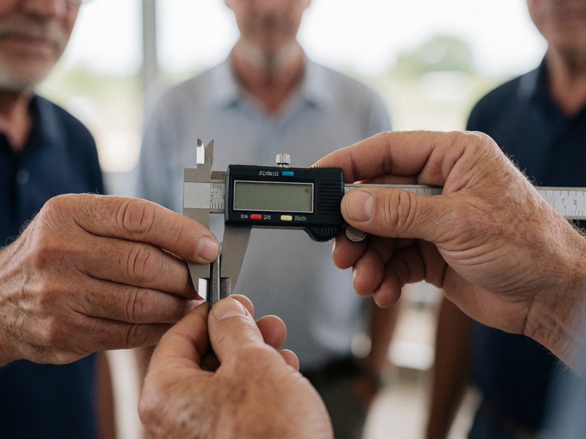 Des mains d'adulte utilisant un calibreur numérique sur un chantier pour une mesure précise.