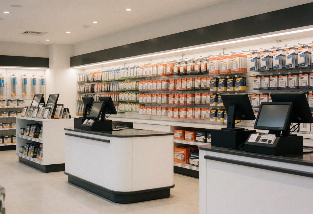 Caisse enregistreuse moderne et propre avec ordinateurs et produits sur des étagères dans un magasin.