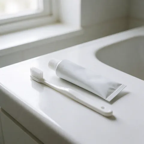 Une brosse à dents et un tube de dentifrice posés sur le rebord d'un lavabo blanc dans une salle de bain.