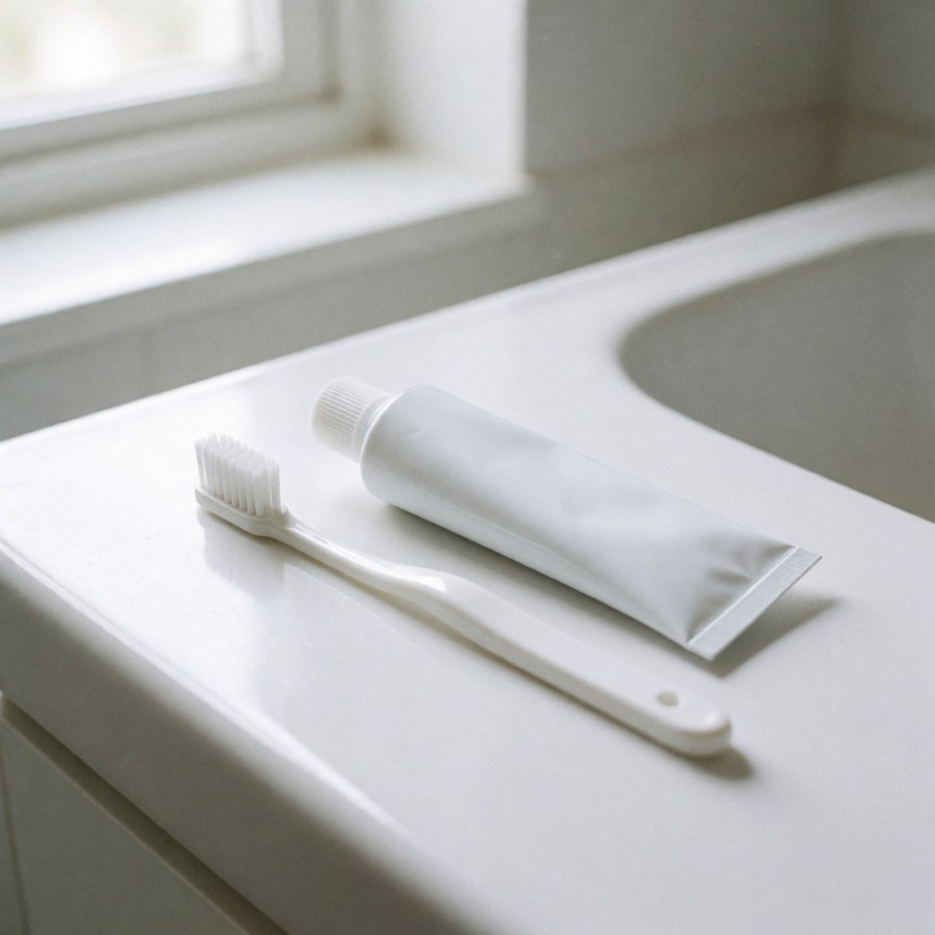 Une brosse à dents et un tube de dentifrice posés sur le rebord d'un lavabo blanc dans une salle de bain.