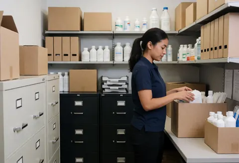 Une femme range des produits sur des étagères avec des boîtes et des classeurs dans un environnement de travail ordonné.