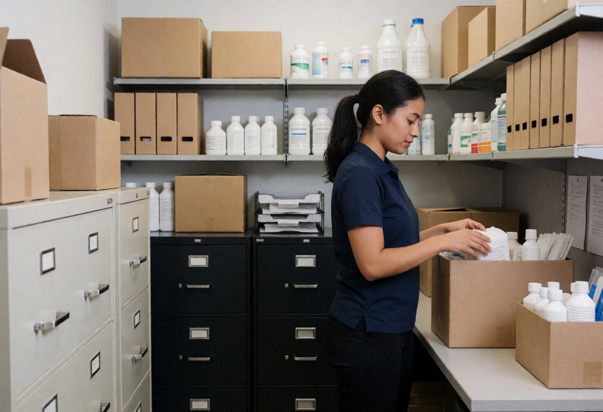 Une femme range des produits sur des étagères avec des boîtes et des classeurs dans un environnement de travail ordonné.