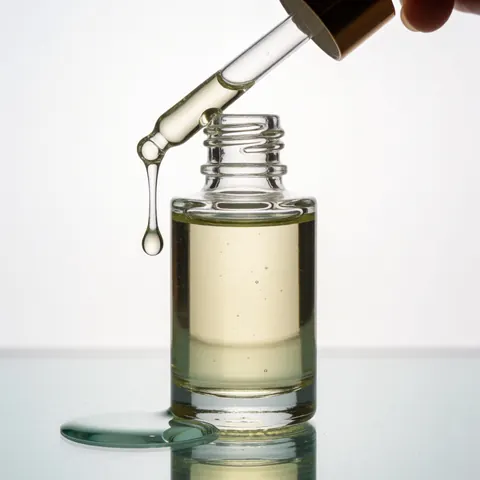 Une goutte de sérum tombe d'une pipette dans un flacon en verre transparent sur une surface réfléchissante.