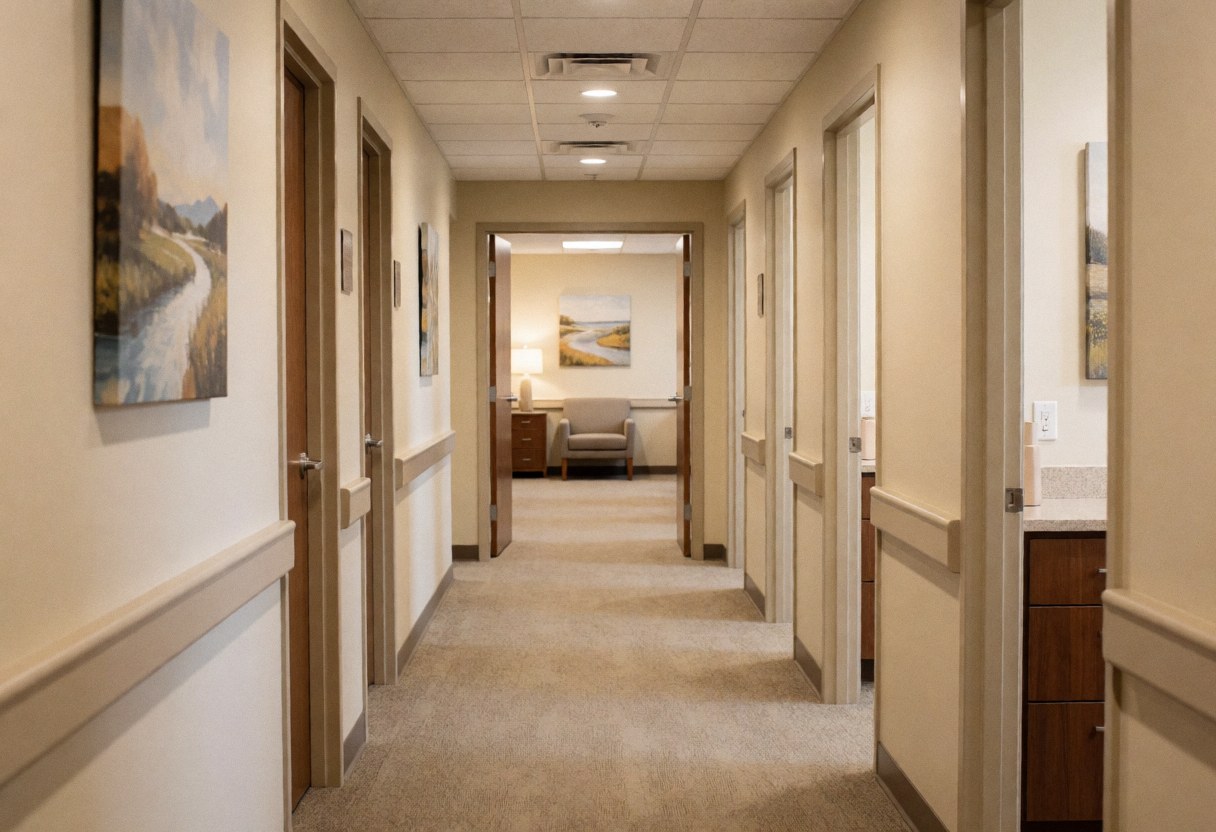 Intérieur d'un couloir de clinique aux murs beiges, portes de chambres et tableaux de paysages accrochés.