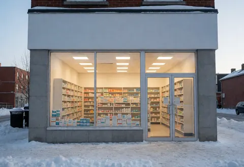 Façade d'une pharmacie avec vitrine lumineuse et étagères de médicaments sous la neige en hiver.