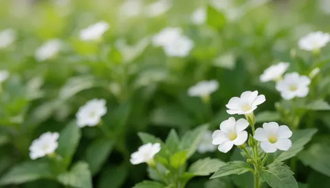 Des fleurs blanches avec un cœur jaune poussent parmi des feuilles vertes dans un jardin, créant un arrière-plan naturel et apaisant pour du texte.