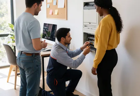 Un technicien en uniforme inspecte un équipement de climatisation dans un bureau pendant que deux personnes observent.