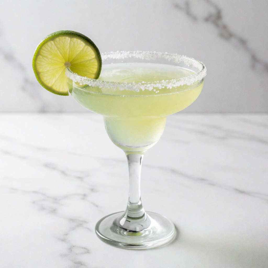 Un cocktail margarita avec du sel sur le rebord et une tranche de citron vert posé sur une surface en marbre blanc.