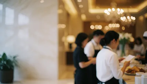 Le personnel d'un hôtel accueille des clients dans une réception élégante aux lumières chaudes et à la décoration raffinée.
