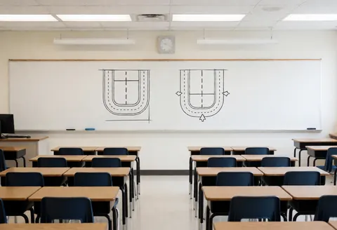 Intérieur d'une salle de formation vide au sol carrelé, équipée de tables et de chaises bleues, face à un grand tableau blanc portant des schémas de circulation.