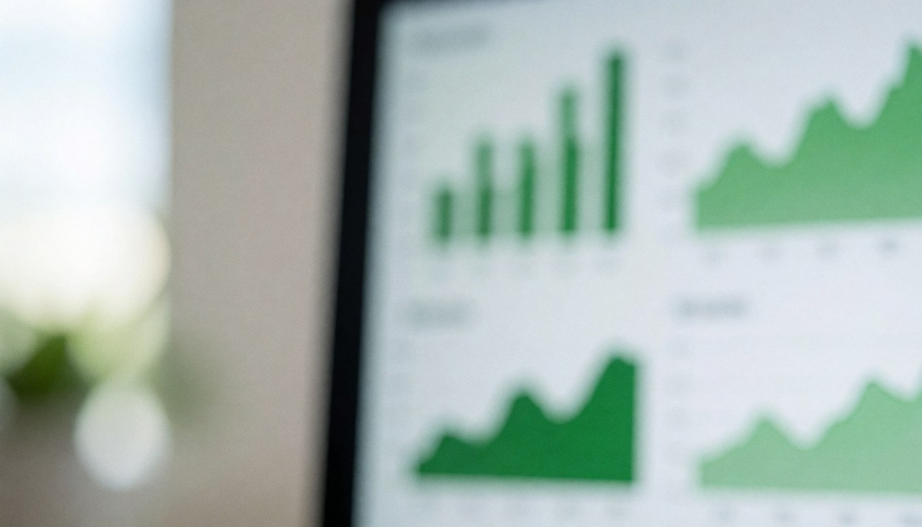 Écran affichant des graphiques à barres et en lignes verts montrant des données financières dans un bureau moderne.
