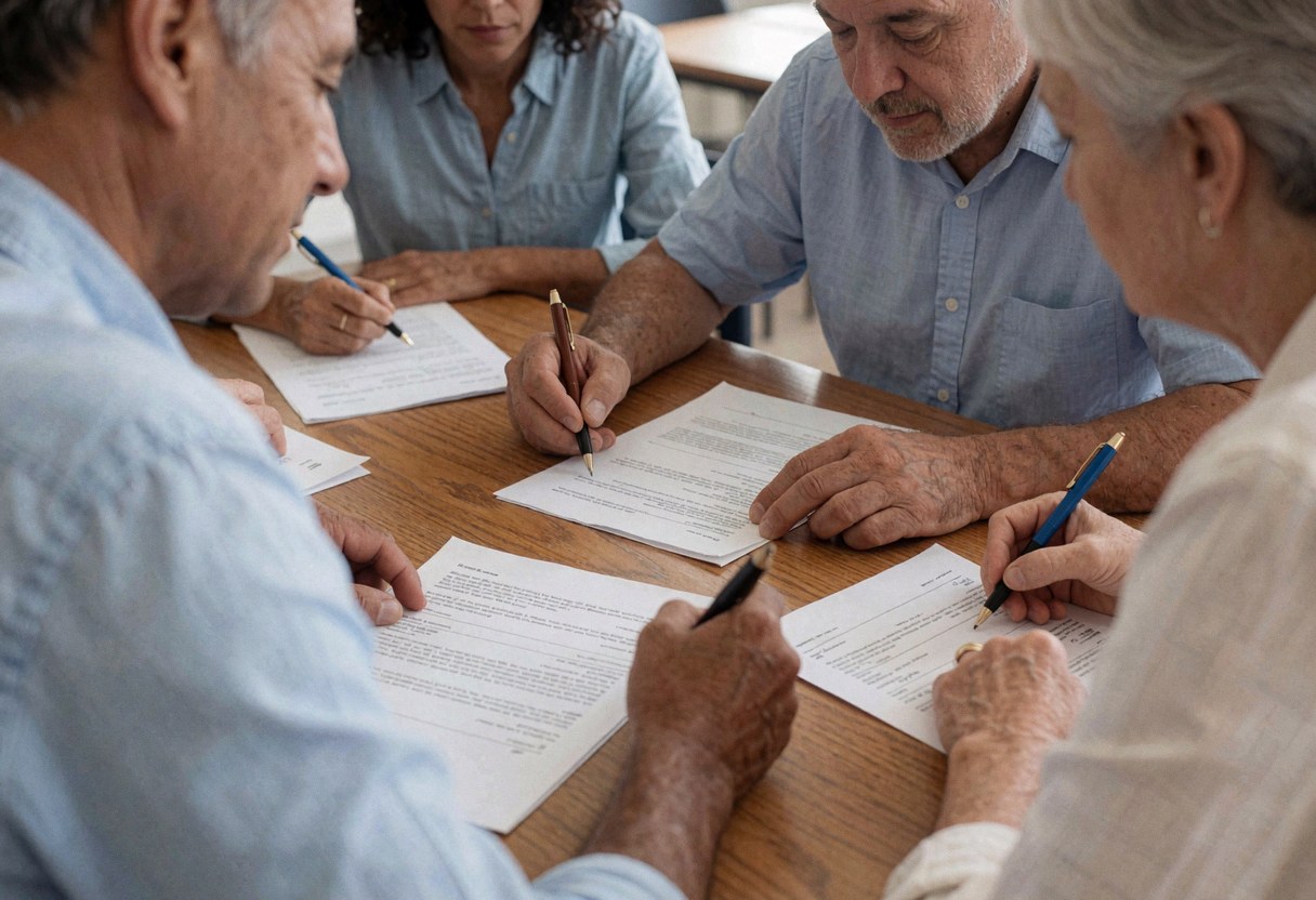 Quatre adultes assis à une table révisant et signant des documents lors d'une session de formation.