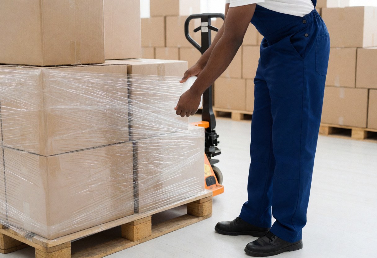 Un homme enveloppe une pile de boîtes sur une palette avec du ruban adhésif dans un entrepôt logistique.