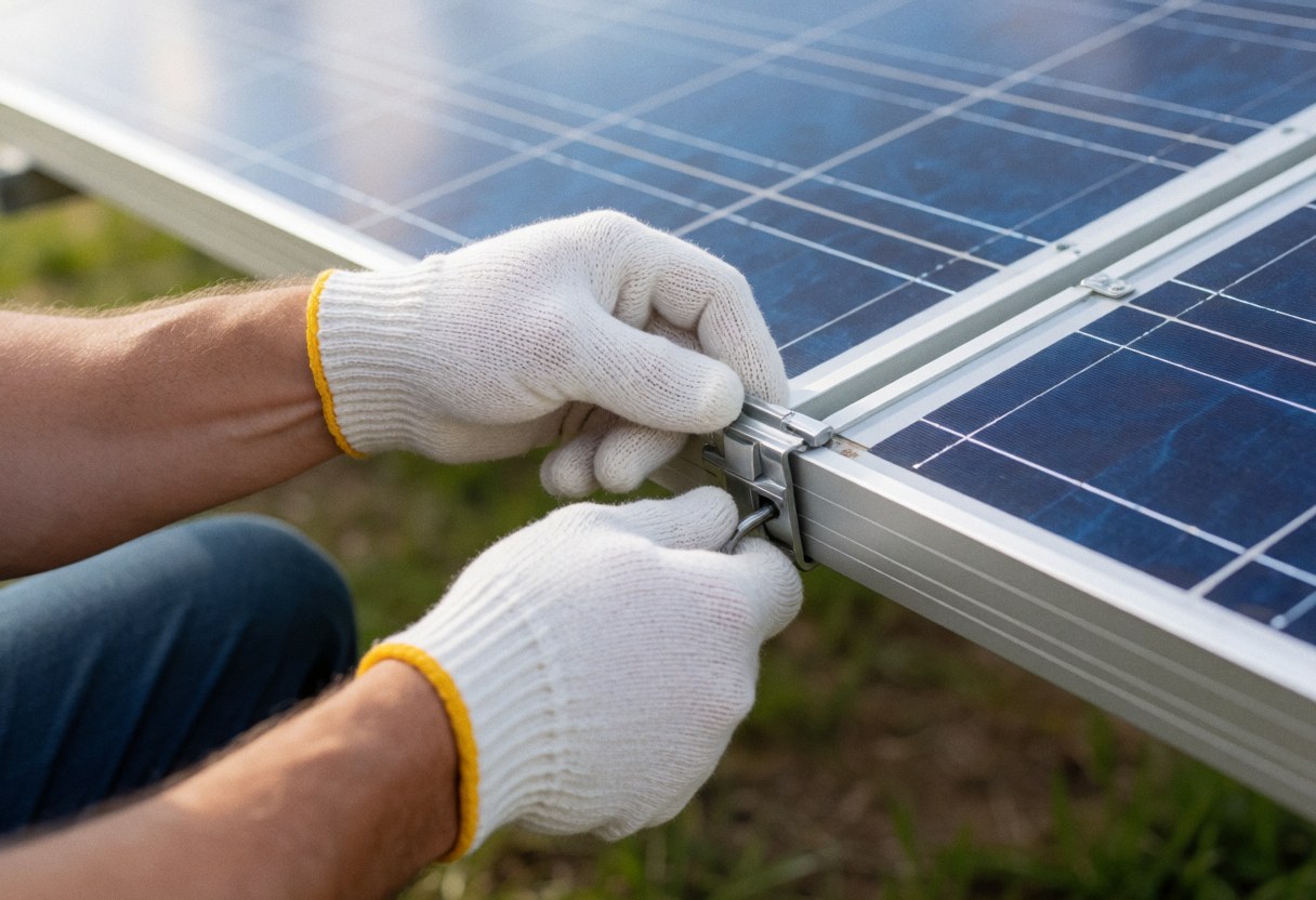 Des mains gantées de blanc tiennent fermement un panneau solaire bleu sur un terrain verdoyant en extérieur.