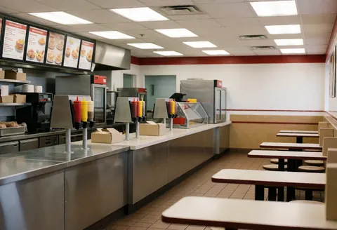 Vue intérieure vide et propre d'un restaurant de fast-food avec comptoir, chaises et tables.