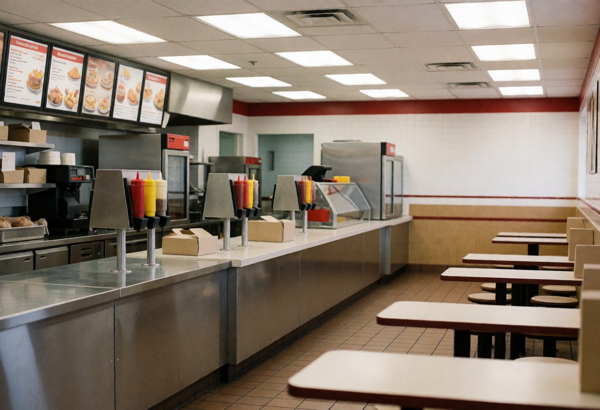 Vue intérieure vide et propre d'un restaurant de fast-food avec comptoir, chaises et tables.