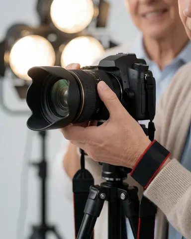 Un photographe ajuste une caméra professionnelle sur un trépied dans un studio équipé d'éclairages de fond pour préparer la séance.