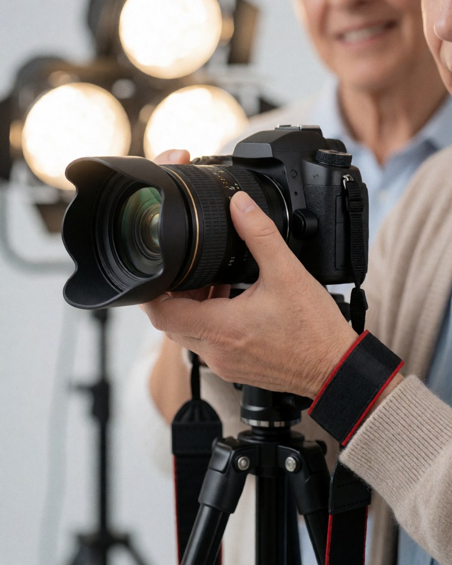 Un photographe ajuste une caméra professionnelle sur un trépied dans un studio équipé d'éclairages de fond pour préparer la séance.