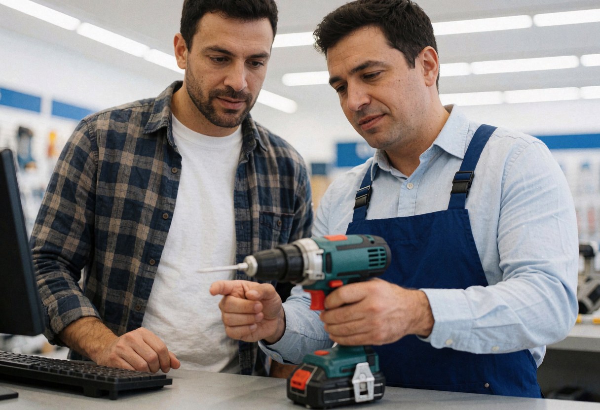 Un vendeur montre un outil électrique à un acheteur attentif dans un magasin de bricolage.