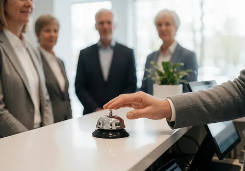 Gros plan d'une main actionnant un bouton d'interphone sur un comptoir de réception moderne avec des silhouettes floues en arrière-plan.