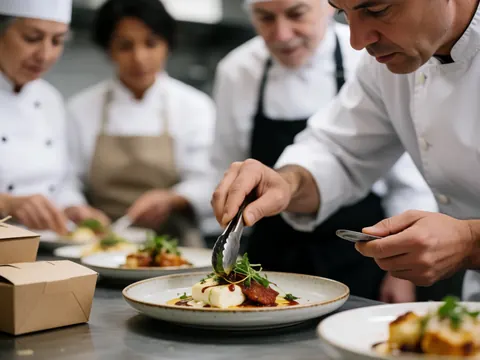 Un chef dresse soigneusement un plat gourmet à l'aide de pinces dans une cuisine professionnelle.