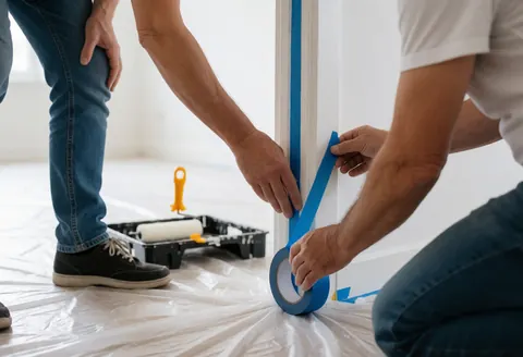 Deux hommes posent du ruban de masquage sur un encadrement de porte en vue d'une peinture, avec un rouleau et une bâche au sol.