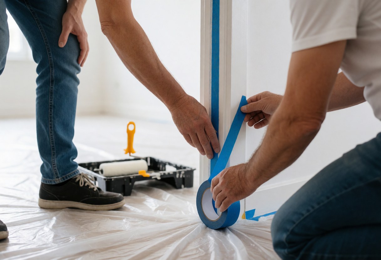 Deux hommes posent du ruban de masquage sur un encadrement de porte en vue d'une peinture, avec un rouleau et une bâche au sol.
