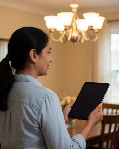 Une femme tient une tablette tout en inspectant un luminaire suspendu dans un salon moderne.