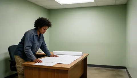 Une femme examine des plans architecturaux posés sur une table en bois dans un bureau aux murs verts.