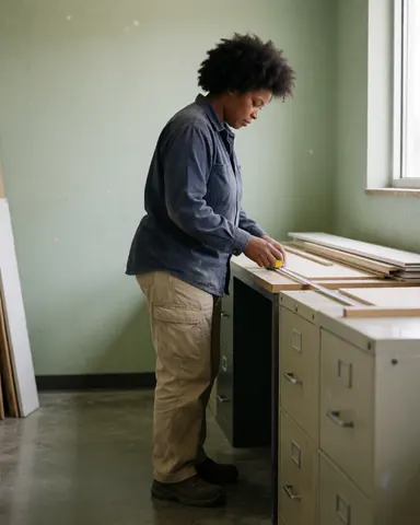 Une femme mesure avec précision des planches de bois posées sur une table dans un atelier, tenant un mètre ruban.