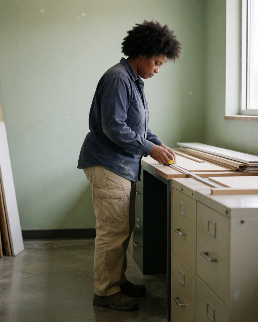Une femme mesure avec précision des planches de bois posées sur une table dans un atelier, tenant un mètre ruban.