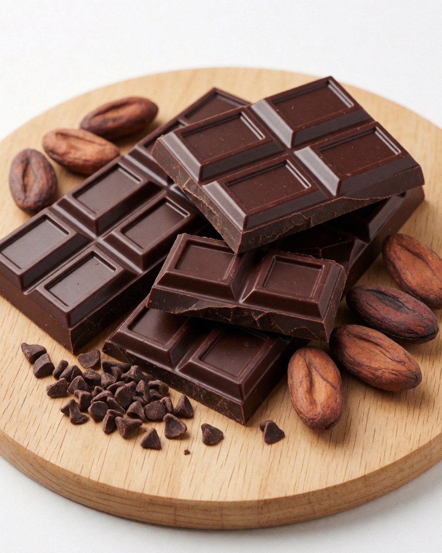 Barre de chocolat noir artisanal posée sur une planche en bois, accompagnée de grains et d'éclats de cacao.