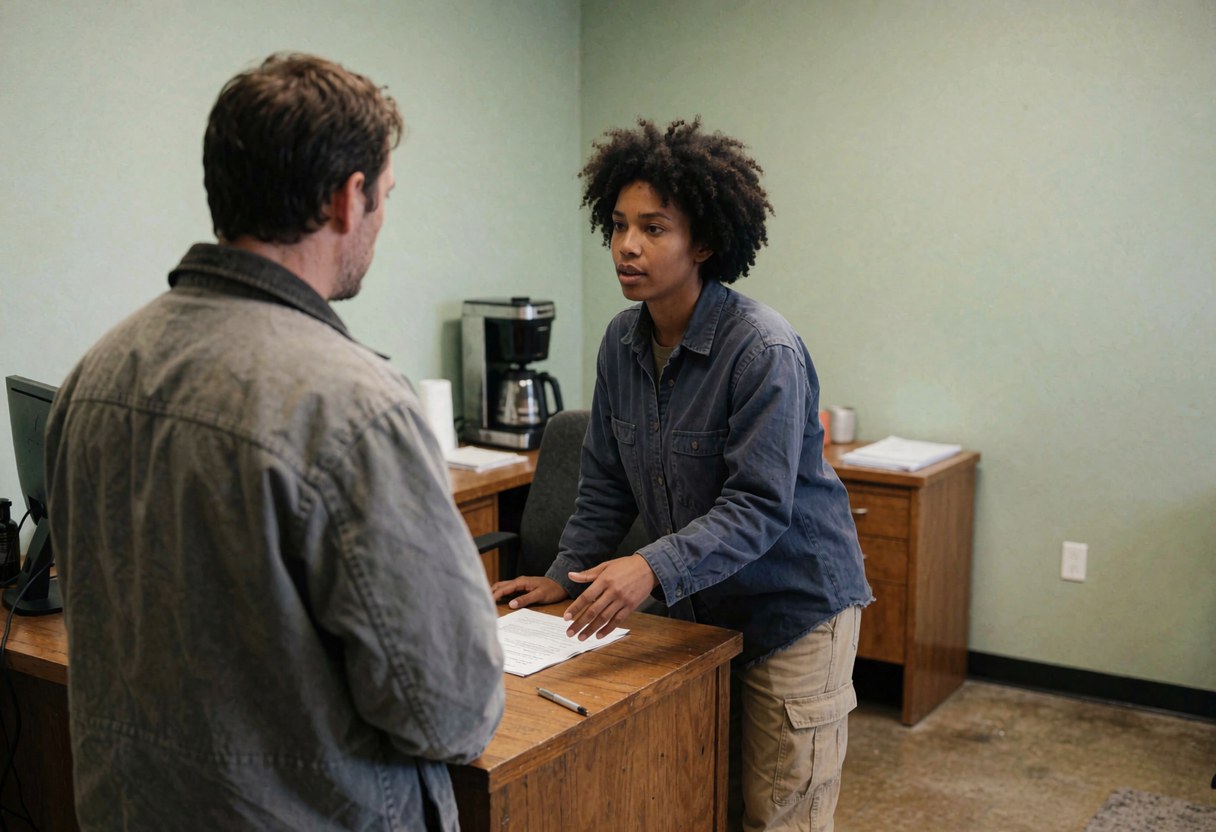 Une femme explique un document à un homme dans un bureau avec un bureau, du café et des documents.