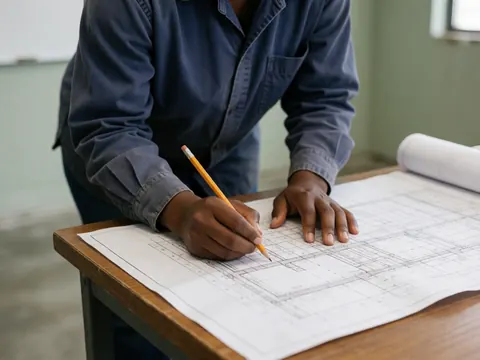 Un homme en chemise bleue dessine au crayon sur un plan posé sur une table en bois dans un bureau.
