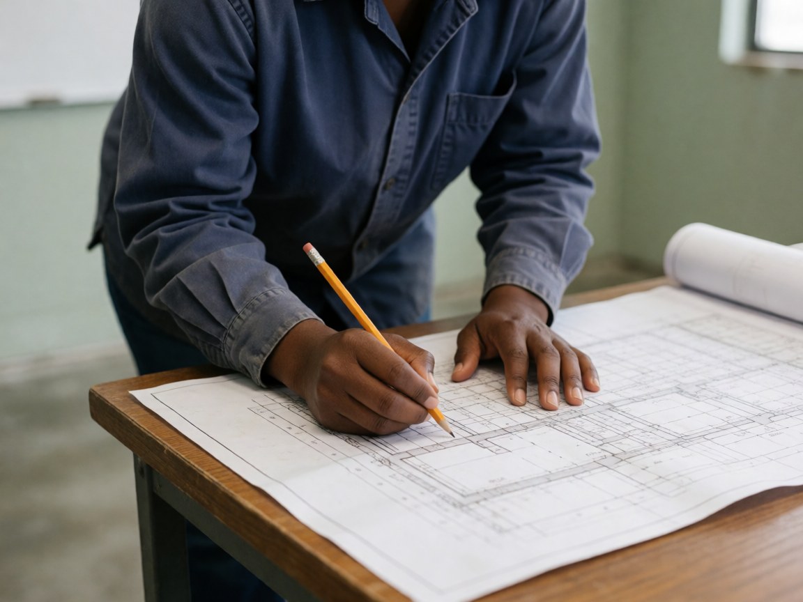 Un homme en chemise bleue dessine au crayon sur un plan posé sur une table en bois dans un bureau.