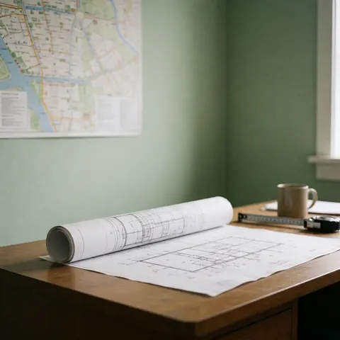Un plan architectural étalé sur une table en bois dans un bureau, avec une tasse de café, des ciseaux et une carte murale verte.