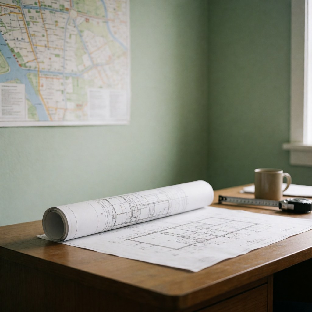 Un plan architectural étalé sur une table en bois dans un bureau, avec une tasse de café, des ciseaux et une carte murale verte.