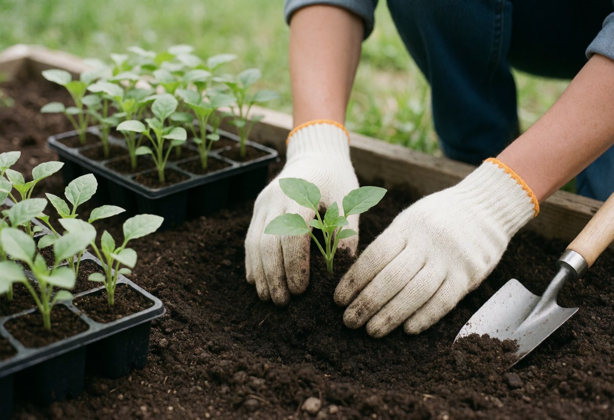 Gros plan de mains portant des gants verts en train de mettre en terre une petite plante dans un sol sombre, avec d'autres jeunes plants visibles sur des plateaux noirs à proximité.