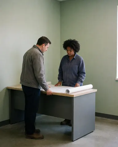 Un homme et une femme consultent ensemble des plans architecturaux posés sur une table dans un bureau vide.
