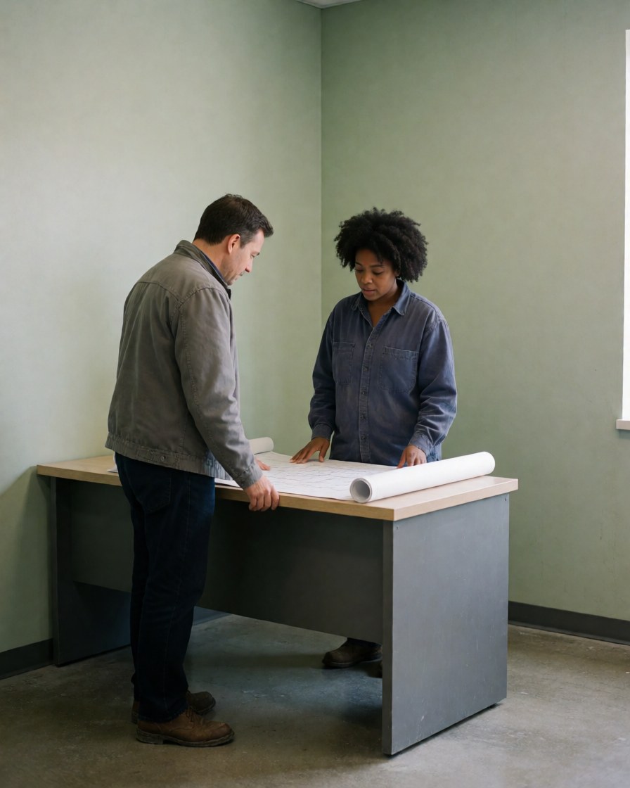 Un homme et une femme consultent ensemble des plans architecturaux posés sur une table dans un bureau vide.