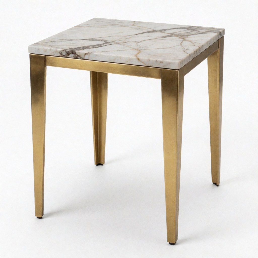 Vue de face d'une table basse carrée au plateau en marbre blanc veiné et aux pieds métalliques dorés, posée sur un fond uni blanc.