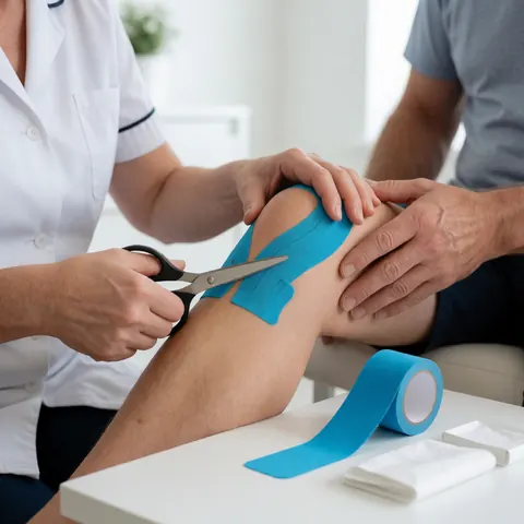 Un professionnel de santé utilise des ciseaux pour couper un ruban thérapeutique bleu destiné à la rééducation d'un patient.