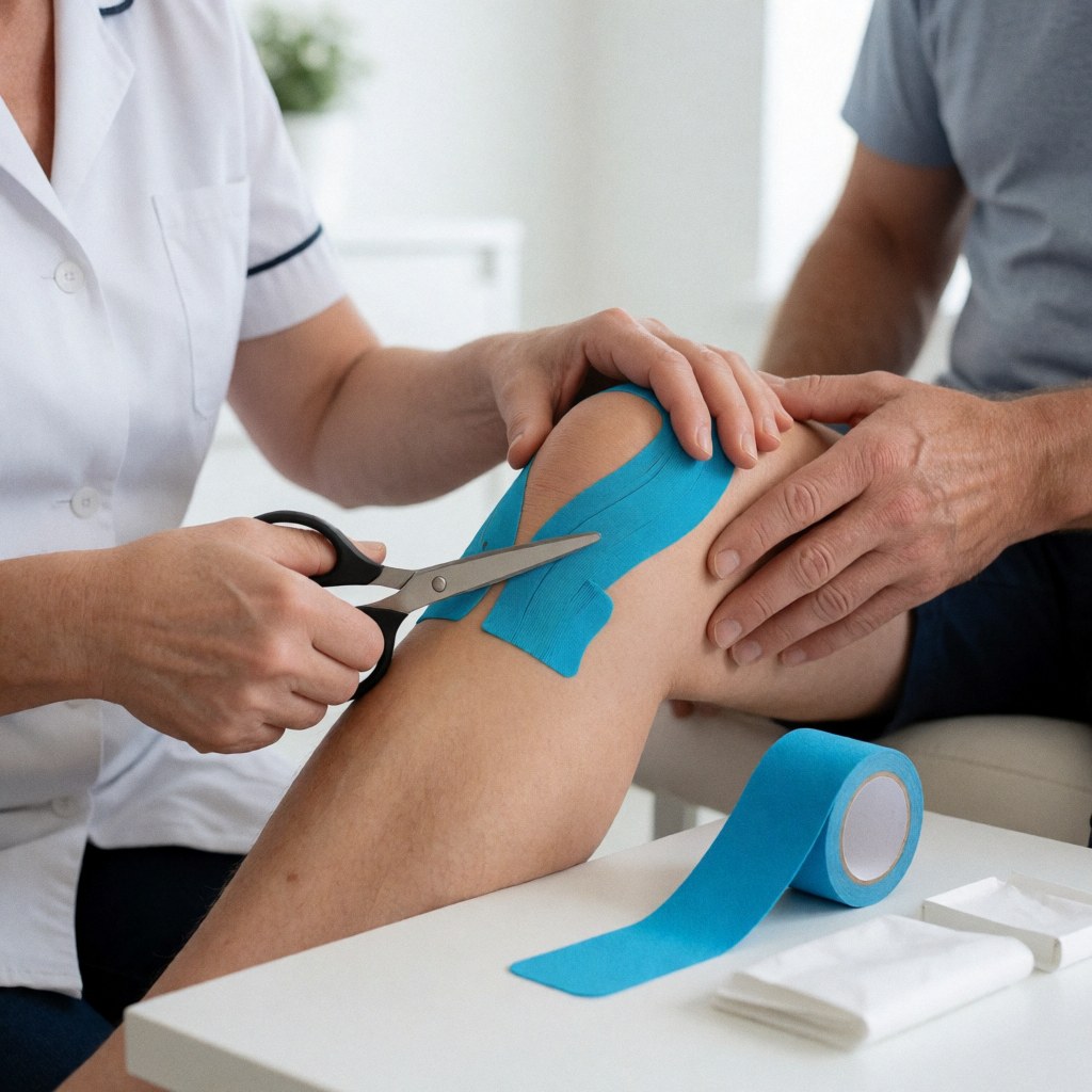 Un professionnel de santé utilise des ciseaux pour couper un ruban thérapeutique bleu destiné à la rééducation d'un patient.