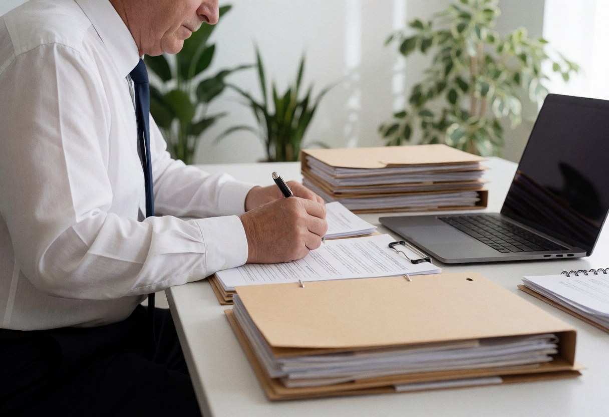 Un homme d'affaires en chemise blanche et cravate rédige des notes sur une table avec dossiers, ordinateur portable et plantes vertes.